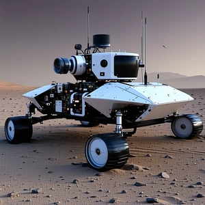 A White Robot Is Sitting On A Rocky Surface, With A Dirt Ground Beneath It