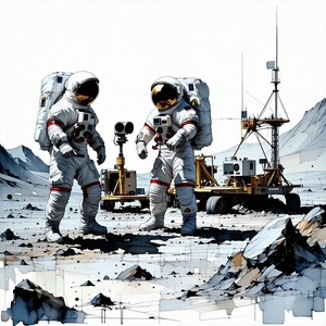 In The Image, There Are Two Astronauts Standing On A Rocky Surface, Possibly On The Moon