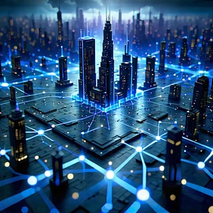 Blockchain Network Visualization With Futuristic Cityscape