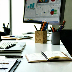 Business Architectural Photography: Workplace with notebooks and pens on desk
