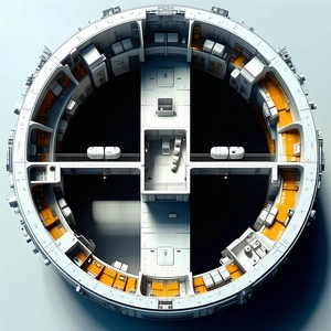 The Image Is A 3d Model Of A Space Station, Featuring A Large Central Room With A Circular Shape