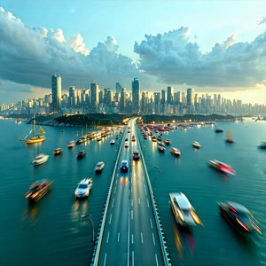 Urban Blender Artwork: Cityscape of coastal city during rush hour