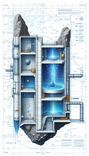 A Large, Futuristic Building Is Depicted In A Blue And White Drawing