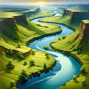 Nature Gouache Painting: Aerial View Of Winding River With Painting River