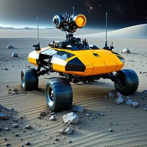 futuristic vehicle parked rocky surface
