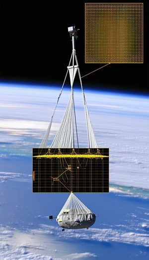 A Large Satellite In Space, With A Long Wire Extending From It