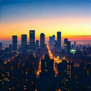 Urban Vector Art: Cityscape of urban skyline during sunset