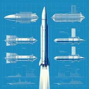 A Rocket Ship Is Shown In A Blue And White Drawing