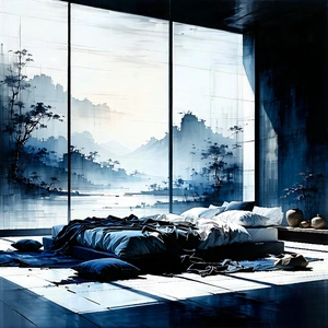Lifestyle Charcoal Drawing: Bedroom Sanctuary With Comfortable Textiles With Placed Room
