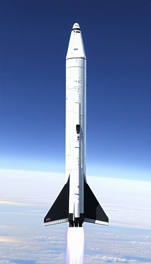 A White Rocket Is Seen In The Sky, With A Blue Background