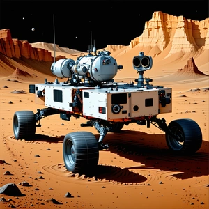 A White Robotic Vehicle Is Parked On A Red Dirt Surface, Possibly On Mars