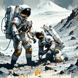 In The Image, There Are Two Astronauts Standing On A Rocky Surface, Possibly On The Moon