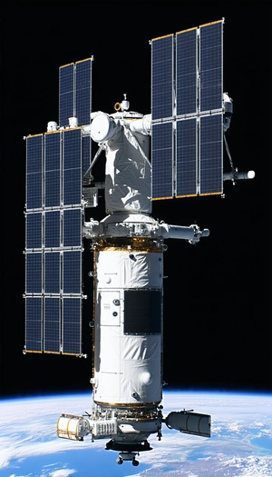 A Large White Space Station Is Floating In The Blackness Of Space