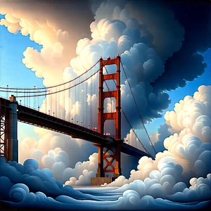 Urban Gouache Painting: Iconic bridge with dramatic clouds