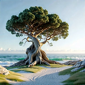 Nature Commercial Photography: (ancient:1.34) Tree In Coastal Environment With Large Tree