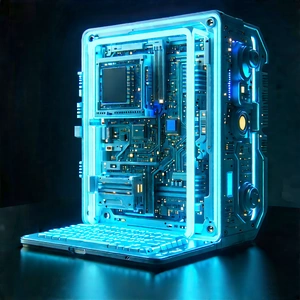 Quantum Computer With Neon Accents With Blue White