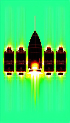 A Rocket Is Shown In A Green And Red Color Scheme, With The Rocket's Engine Glowing Red