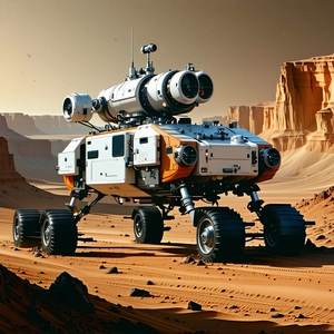 A Futuristic Vehicle Is Driving Across A Desert Landscape