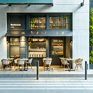 Urban 3D Render: Urban street with outdoor seating