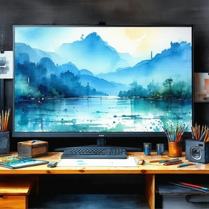 Tech Watercolor Painting: Entertainment Technology In Tech Office With Large Computer