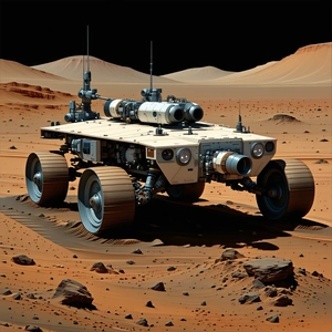 A Futuristic Vehicle Is Parked On A Rocky Surface, Possibly On A Distant Planet