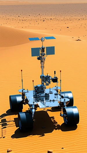 A Large, Silver Robotic Vehicle With A Satellite Dish On Top, Driving Across A Sandy Terrain