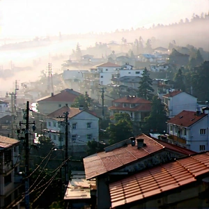 Urban Architectural Photography: Cityscape Of Small Town During Foggy Morning With Image, There