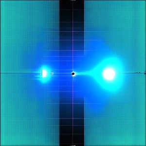 A Blue And White Background With A Black Dot In The Center