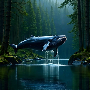 Nature Advertising Photography: Whale In (forest:1.15) Environment With Large Blue