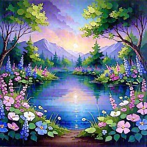 Nature Gouache Painting: Tranquil Pond Surrounded By Wildflowers With Painting Serene