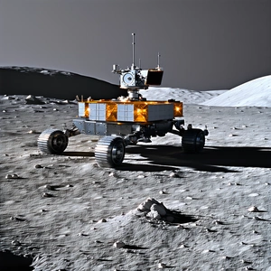 A Robotic Vehicle, Possibly A Rover, Driving Across A Rocky Terrain