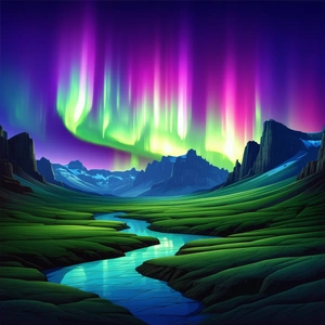 Nature Technical Illustration: Northern Lights Over Canyon Floor With Beautiful Landscape