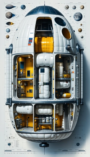 A Large White Spacecraft Is Shown In A Cross-section View, Revealing Its Interior