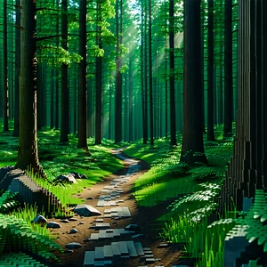 Nature Voxel Art: Path Through Dense Forest With Computer-generated (cgi)