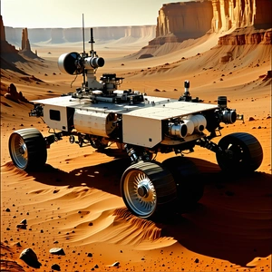 A Large White Robotic Vehicle, Possibly A Tank, Driving Across A Desert Landscape