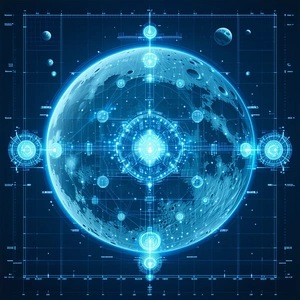 The Image Is A Blue And White Illustration Of A Planet With A Moon