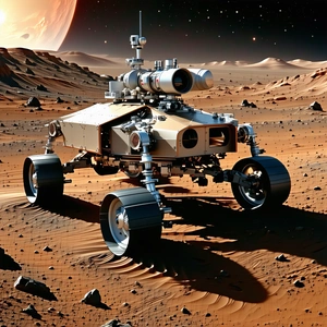 A Futuristic Robotic Vehicle, Possibly A Rover, Parked On A Rocky Surface