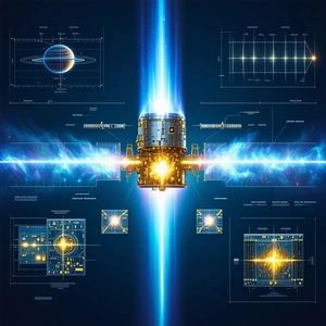 A Spacecraft Is Shown In A Series Of Diagrams, With A Blue Beam Of Light Connecting Them