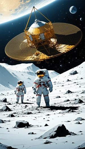 In The Image, There Are Two Astronauts Standing On The Moon, Wearing White Suits