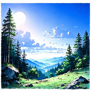 Nature Ink Drawing: Clear Sky Over Forest Clearing With Beautifully Drawn