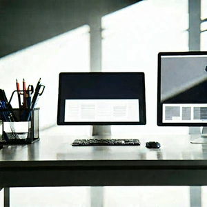 Business Minimalist Design: Workplace With Digital Devices On Desk With Desk Computer