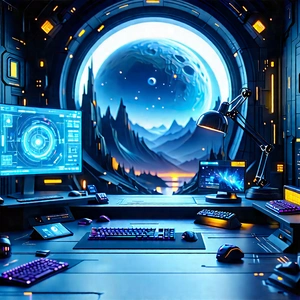 Futuristic (digital:1.37) Workspace With Image, There