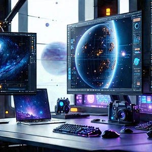Futuristic Digital Workspace With Large Desk