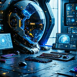 Futuristic (digital:1.42) Workspace With Futuristic Setting,