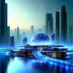 (futuristic:1.11) Innovation Hub With Futuristic Cityscape