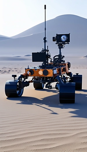 A Robotic Vehicle Is Sitting On A Sandy Surface, Possibly A Desert