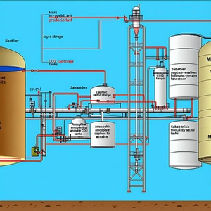 The Image Is A Blue And White Drawing Of A Factory With A Large Tank And A Series Of Pipes