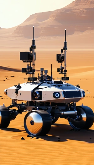 A Futuristic Robotic Vehicle With Four Wheels, Resembling A Tank Or A Rover