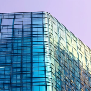 Urban Graphic Design: Glass Office Tower With Artistic Facade With Large, Blue