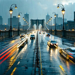 Urban Advertising Photography: Iconic Bridge With Rain-slicked Streets With Captures Rainy